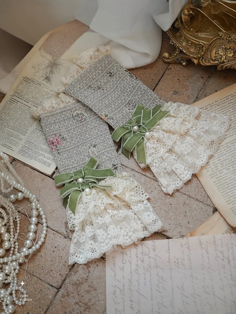Beige/Green Lace Trimmed Sweet Lolita Wrist Cuffs with Bows and Beads - NyaNya | CoyBunny