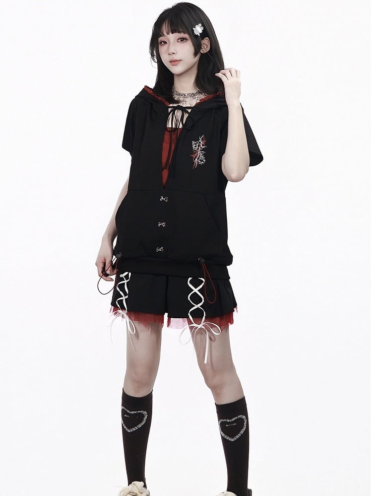 Sporty Kawaii Black & Red Mini Skirt with Lace-Up Details - PINK SAVIOR | CoyBunny