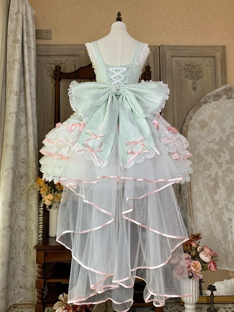 Mint Green Bows Layered Hime Lolita Jumper Skirt Set - Huating | CoyBunny
