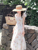 Apricot Summer Vacation Dress with Floral Pattern - Qchiwawameme | CoyBunny