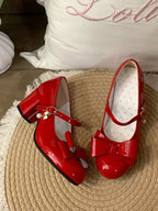 Wine Red Sweet Lolita Mid Heels - Polished Bow Mary Jane Shoes | CoyBunny
