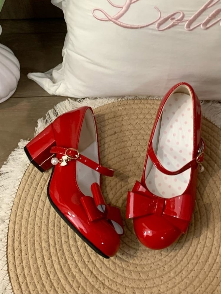 Wine Red Sweet Lolita Mid Heels - Polished Bow Mary Jane Shoes | CoyBunny