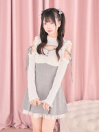 White Cut-Out Shoulder Knit Plaid Dress with Lace Trim - No Genki | CoyBunny