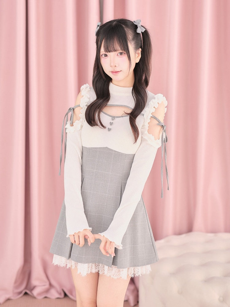 White Cut-Out Shoulder Knit Plaid Dress with Lace Trim - No Genki | CoyBunny