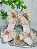 Beige Lace Trim Pointed Toe Lolita Shoes with Pink Bow - Miaomiao Just for You | CoyBunny