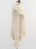 Beige Ruffle Neckline Sheer Long Sleeves Blouse | CoyBunny