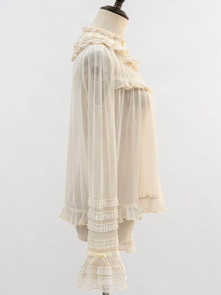 Beige Ruffle Neckline Sheer Long Sleeves Blouse | CoyBunny