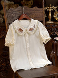 Chocolate Embroidery Collar Cream Short Sleeve Lolita Blouse - Dream Magic Box | CoyBunny