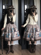 Gray Brown Coffee Cup Bookshelf Print Elegant Skirt Ruffled Hem - Dream Whale | CoyBunny