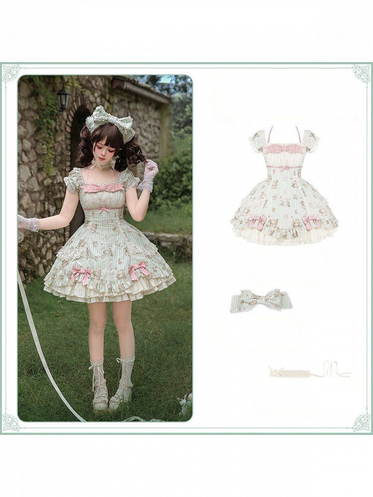 Floral Striped Dress Set with Hair Clip and Choker - With PUJI | CoyBunny