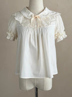 Sweet Lolita OP Dress Set with Puff Sleeves, Bear Print and Floral Embroidery - Treasure House | CoyBunny