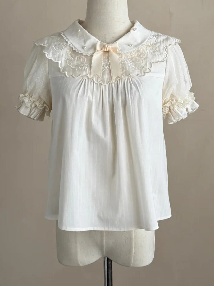 Sweet Lolita OP Dress Set with Puff Sleeves, Bear Print and Floral Embroidery - Treasure House | CoyBunny