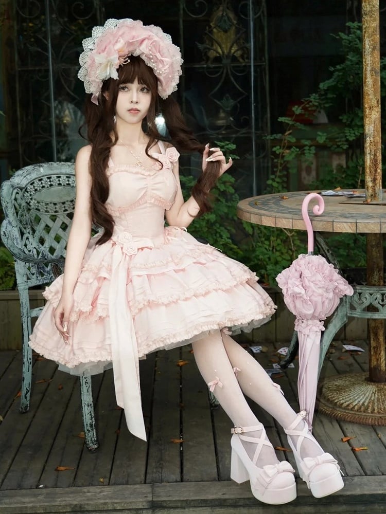 Light Pink Layered Ruffle Boned Lolita JSK Dress with Flower Accents | Meng Fu Zi | CoyBunny