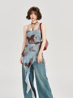 Retro Butterfly Print Summer Top with Cascading Ruffles - Girlyhalo | CoyBunny