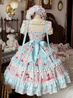 Blue Cherry Cake Print Sweet Lolita Dress with Bow Details - Strawberry Fantasy | CoyBunny