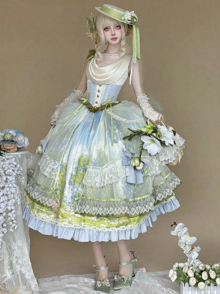 Art Print Skirt Classic Lolita Cowl Neck JSK Dress with Removable Overlay - Moonlight Dream | CoyBunny