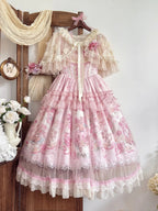 Pink Deer & Floral Print Flutter Sleeves Sweet Lolita JSK Dress with Overlay - Honey Machine | CoyBunny