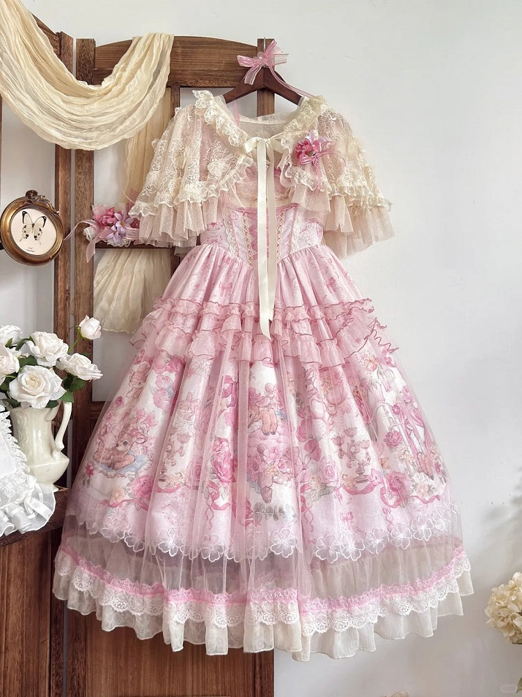 Pink Deer & Floral Print Flutter Sleeves Sweet Lolita JSK Dress with Overlay - Honey Machine | CoyBunny