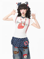 White Strawberry Print Tee - Languid Park | CoyBunny