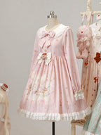 Pink Peter Pan Collar Bear & Cake Print Long-Sleeve OP Dress - Honey Village | CoyBunny