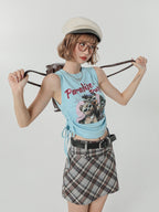 Light Blue Retro Puppy Print Ruched Sleeveless Top - Girlyhalo | CoyBunny