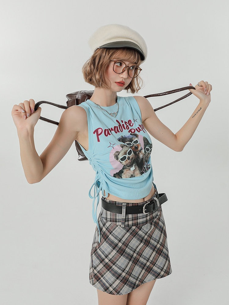 Light Blue Retro Puppy Print Ruched Sleeveless Top - Girlyhalo | CoyBunny