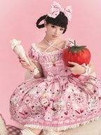 Cat Print Rose Sweet Lolita OP Dress with Removable Crisscross Halter Straps - Pastry Chef | CoyBunny