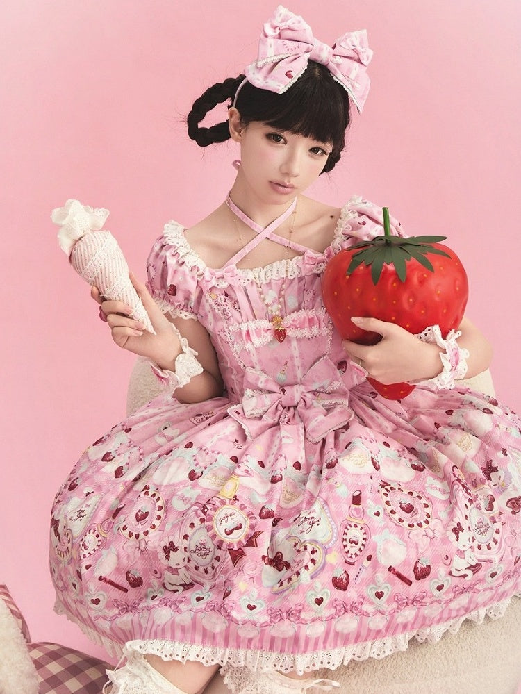 Cat Print Rose Sweet Lolita OP Dress with Removable Crisscross Halter Straps - Pastry Chef | CoyBunny
