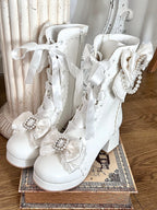White Sweet Lolita Boots with Elegant Lacing - Sheep Puff | CoyBunny