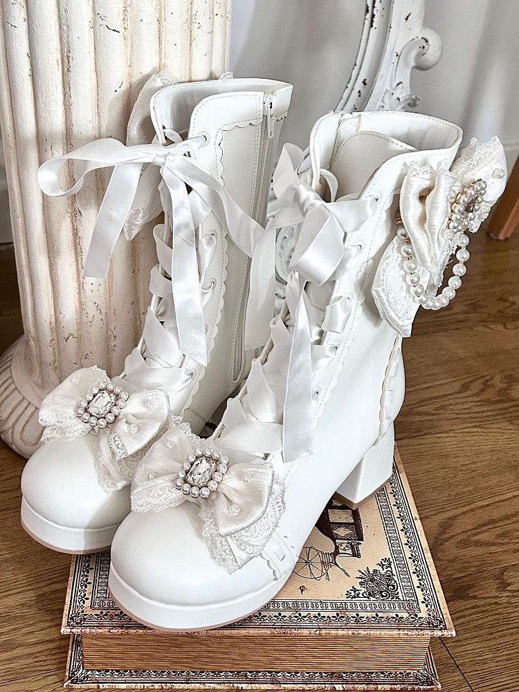 White Sweet Lolita Boots with Elegant Lacing - Sheep Puff | CoyBunny