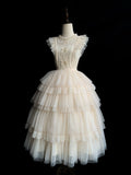 Beige Flutter Sleeve Ruffle Round Neck Tulle Tiered Skirt Lolita OP - With PUJI | CoyBunny