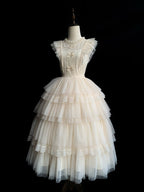 Beige Flutter Sleeve Ruffle Round Neck Tulle Tiered Skirt Lolita OP - With PUJI | CoyBunny