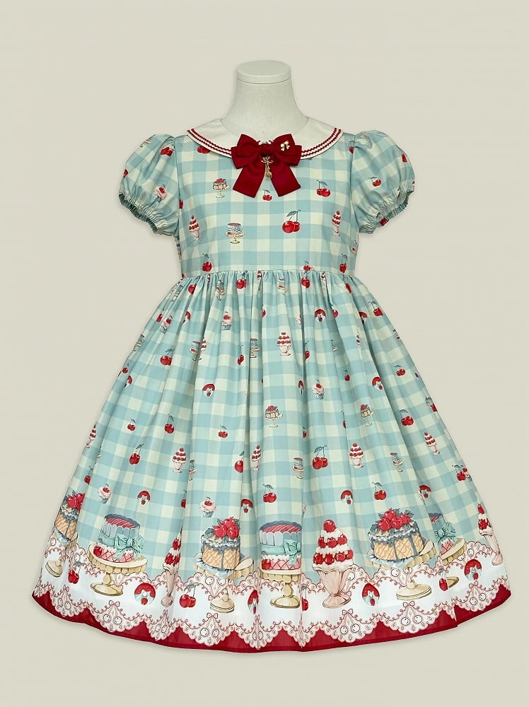 Mint Green High-Waisted Cherry and Dessert Print Sweet Lolita Gingham Dress | CoyBunny
