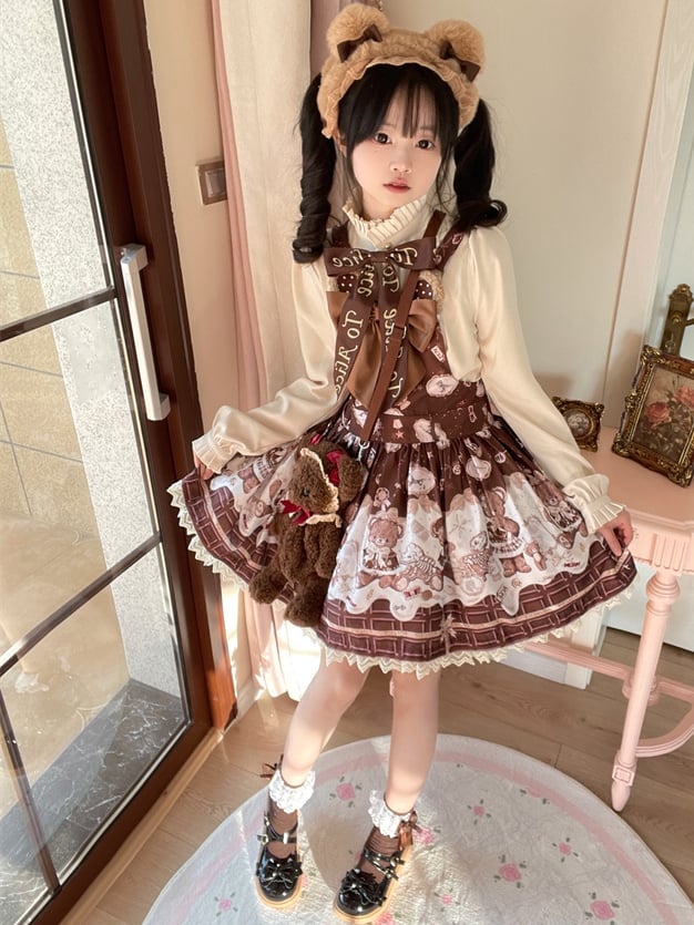 Coffee Teddy Bear Sweet Lolita JSK - Chocolate Print with Lace & Big Bow | CoyBunny