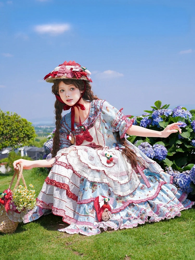 Blue Red Short Sleeve Ruffles Cottagecore Lolita OP Dress - DrunkCoco | CoyBunny