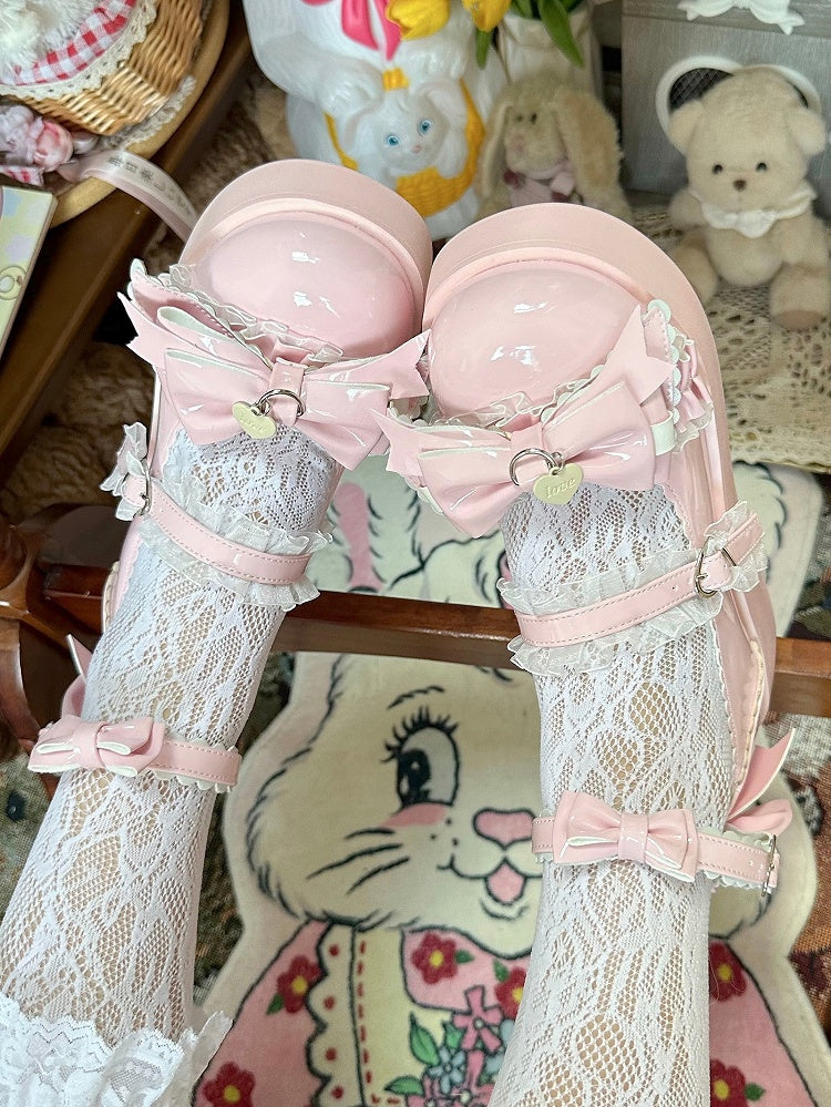 Sweet Pink Platform Mary Janes Bow Embellished Scalloped Heels - Pu Yue Meng | CoyBunny