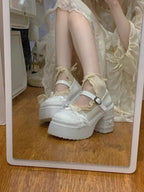 Off-White Lolita Mary Janes - Elegant 9.5cm Block Heel with Bow & Lace | CoyBunny