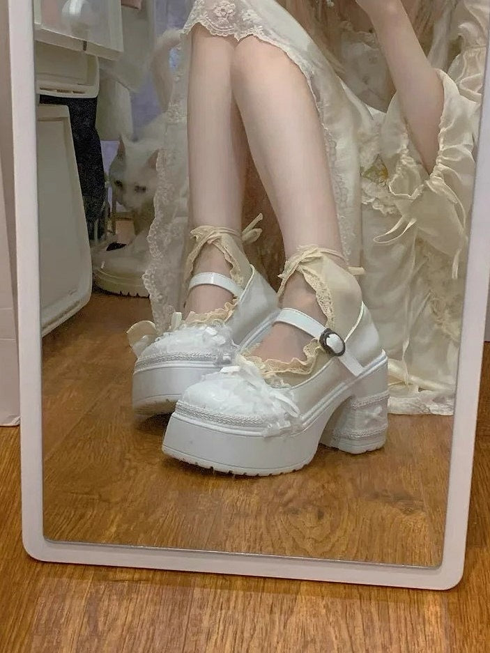 Off-White Lolita Mary Janes - Elegant 9.5cm Block Heel with Bow & Lace | CoyBunny