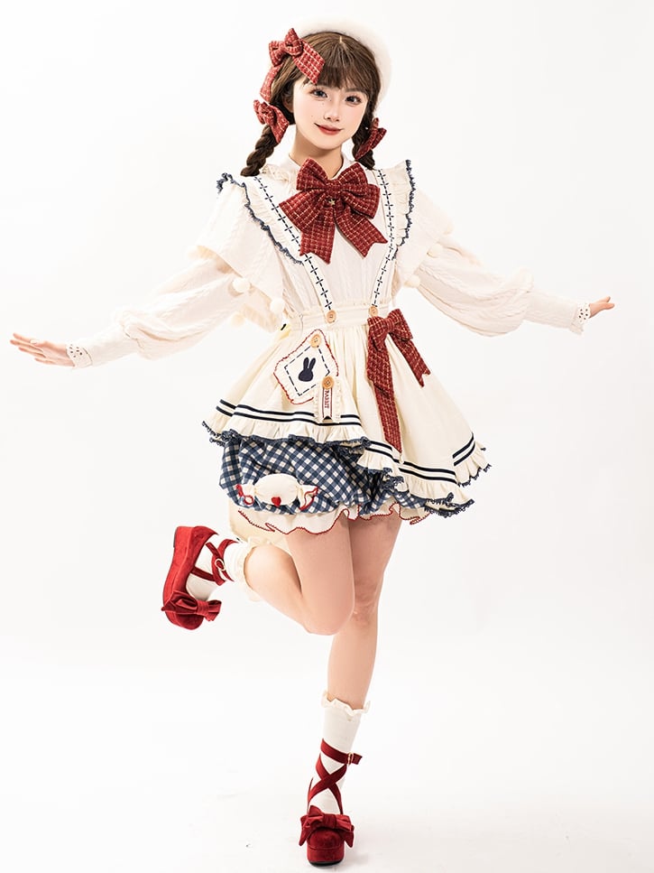 White Long-Sleeve Knitted Top Apron Blue Plaid Print Bloomer Shorts Sweet Lolita Full Set | CoyBunny