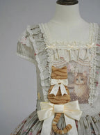Green Cat Print Square Neckline Sweet Lolita JSK Dress with Plush Cat Patch - NyaNya | CoyBunny