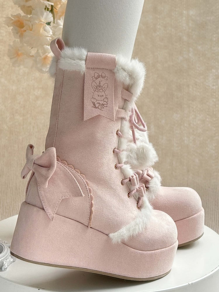 Sweet Lolita Platform Boots Pink Star Heart Bow 4cm Heel | CoyBunny