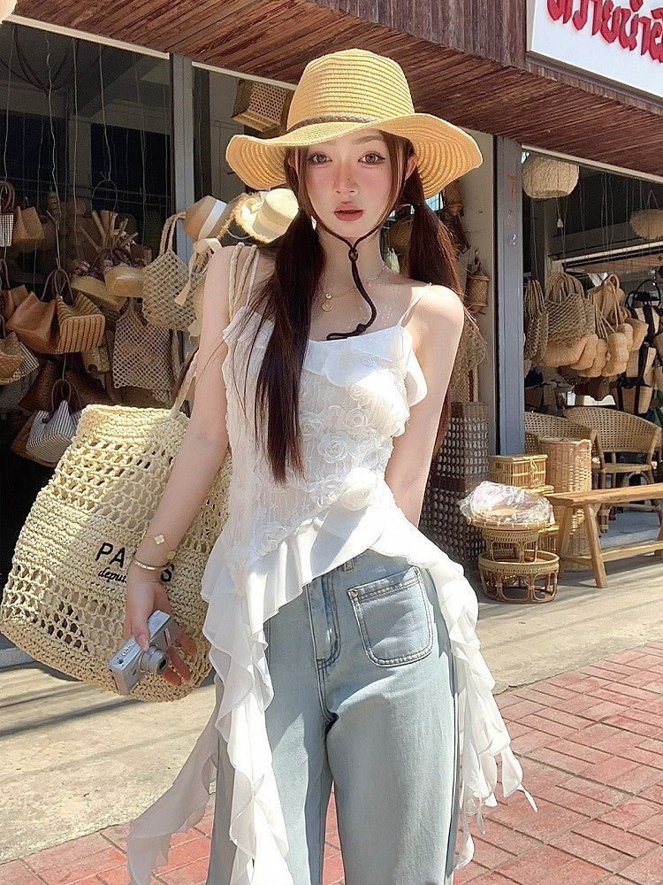 White Holiday Asymmetrical Ruffle Hem Top - Qchiwawameme | CoyBunny