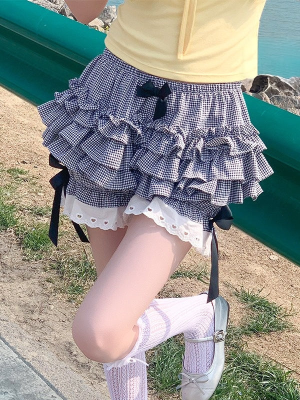 Checkered Cotton Bloomers with Lace and Bow Details - Lan Jian Chuan | CoyBunny