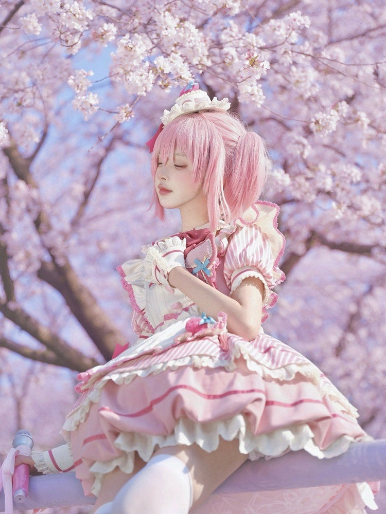 Strawberry Theme Sweet Lolita OP with Apron, Sakura Pink Striped Pattern - Sakurahime | CoyBunny