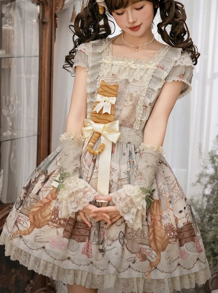Beige/Green Lace Trimmed Sweet Lolita Wrist Cuffs with Bows and Beads - NyaNya | CoyBunny