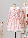 Pink Peter Pan Collar Bear & Cake Print Long-Sleeve OP Dress - Honey Village | CoyBunny