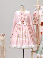 Pink Peter Pan Collar Bear & Cake Print Long-Sleeve OP Dress - Honey Village | CoyBunny