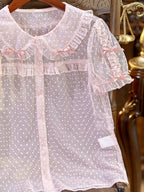 Pink Peter Pan Collar Polka Dot Sheer Tulle Blouse - Dream Magic Box | CoyBunny