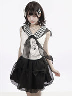 White Gingham Peter Pan Collar Tank with Cartoon Print - PINK SAVIOR | CoyBunny
