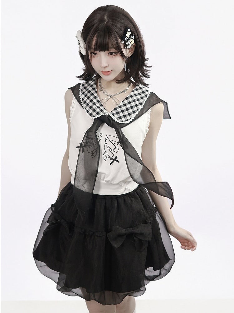 White Gingham Peter Pan Collar Tank with Cartoon Print - PINK SAVIOR | CoyBunny